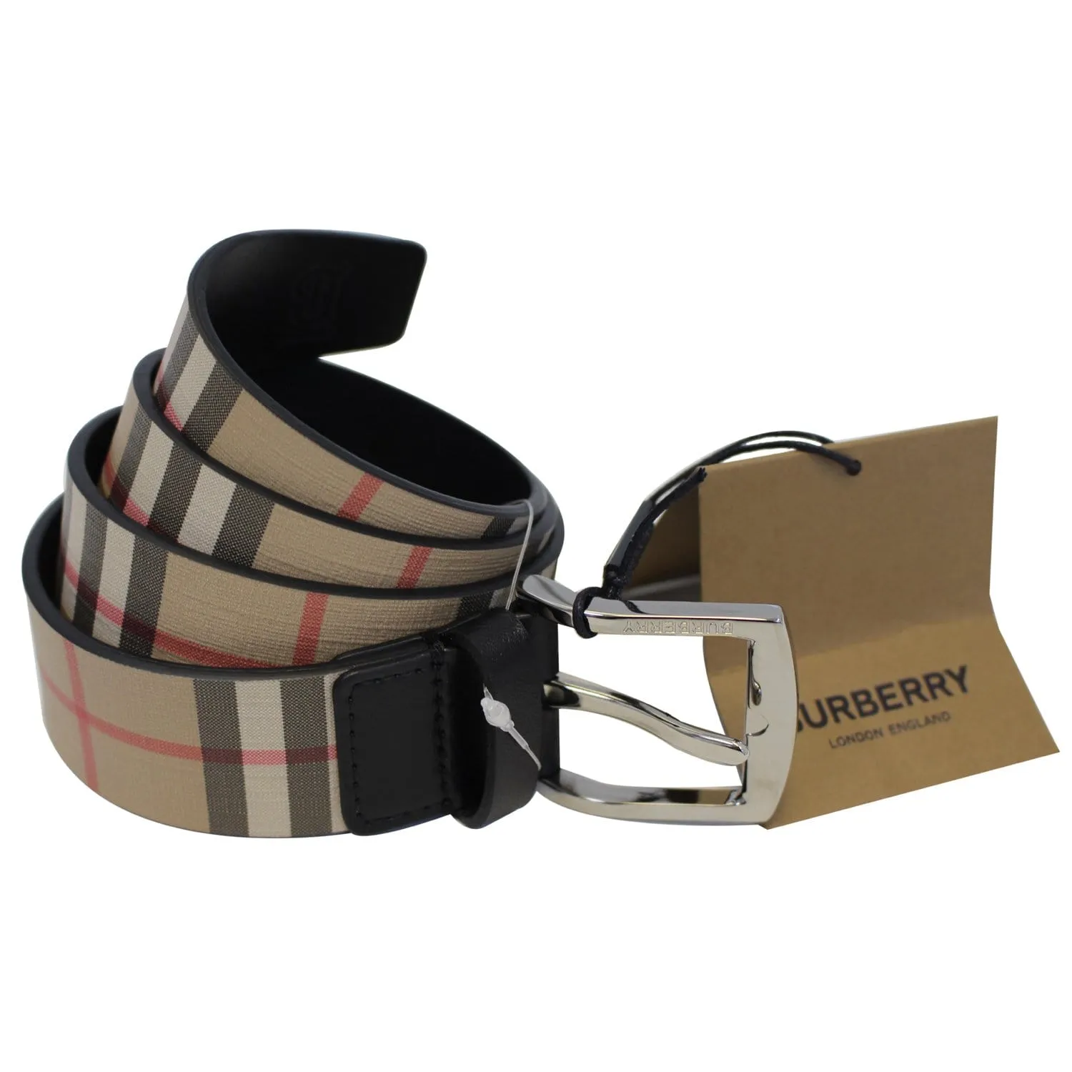 BURBERRY Vintage Check E-Canvas Leather Belt Beige Size 38