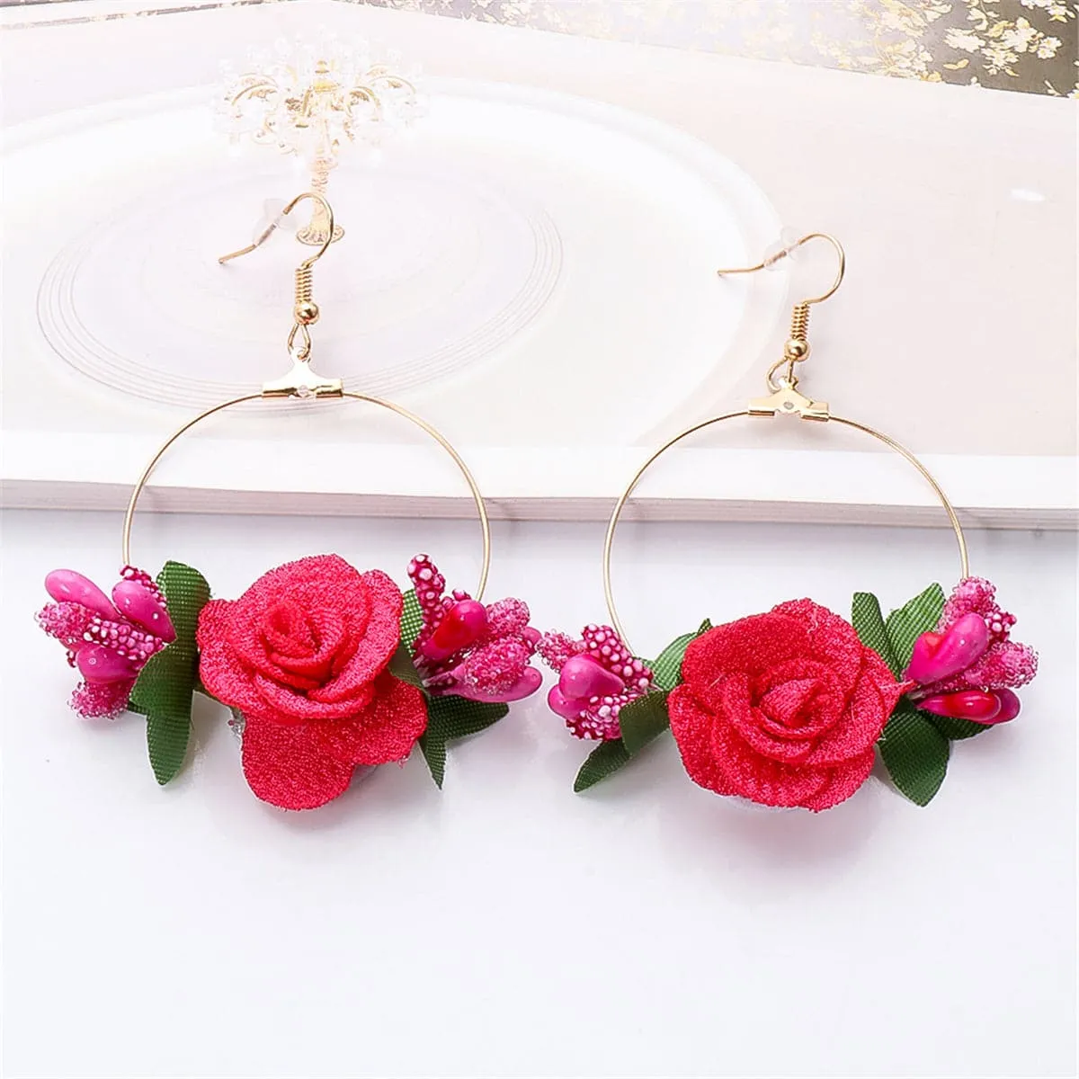 Red Lace & 18K Gold-Plated Rose Drop Earrings