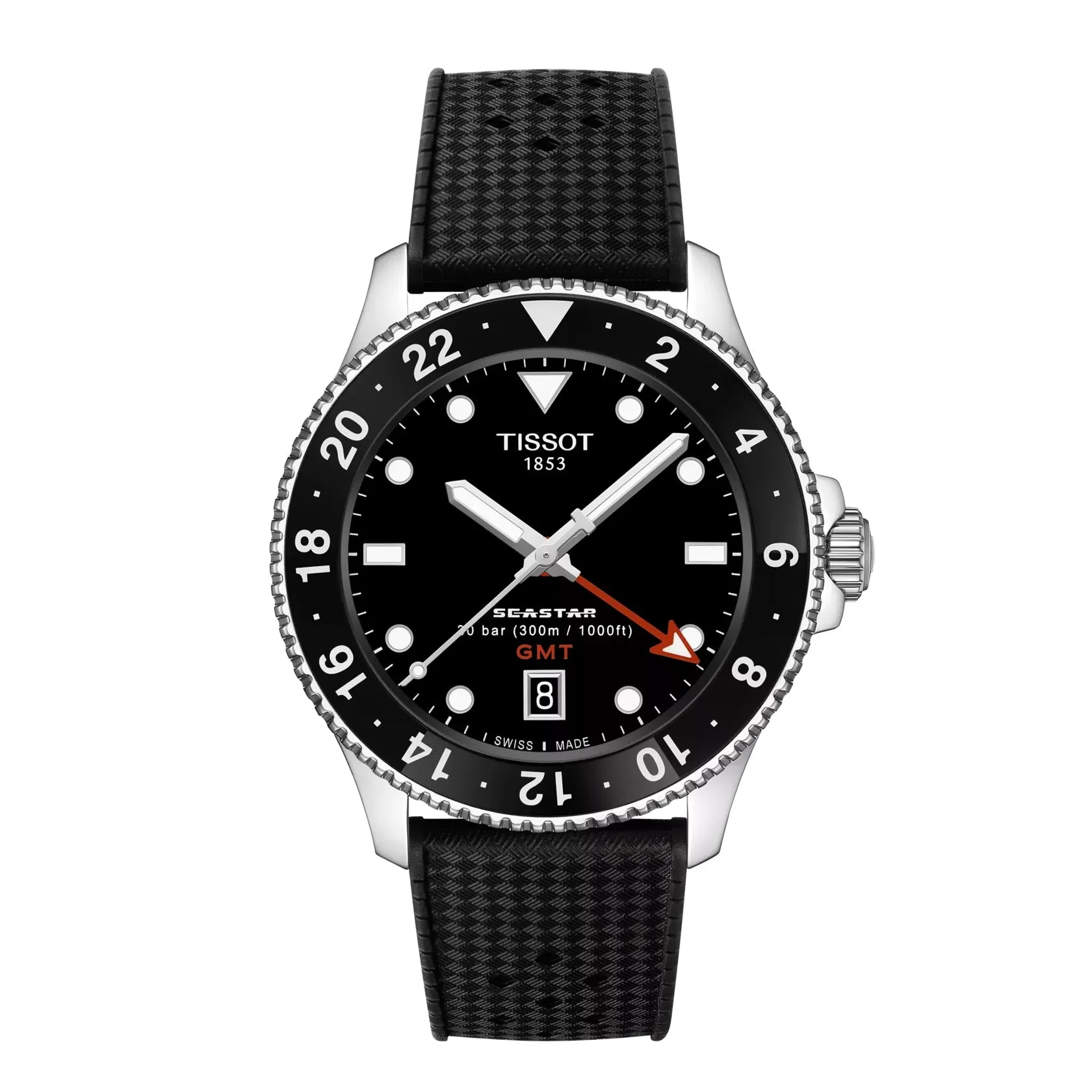 Tissot Seastar 1000 Quartz GMT Mens Stainless Steel Black Dial Black Rubber Strap Watch